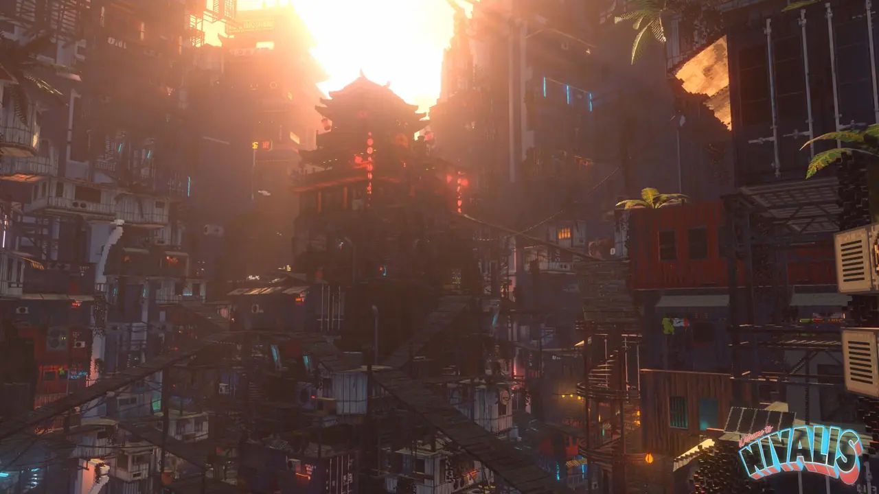 Official art: golden-hour rooftops and tower cranes above the shantytown