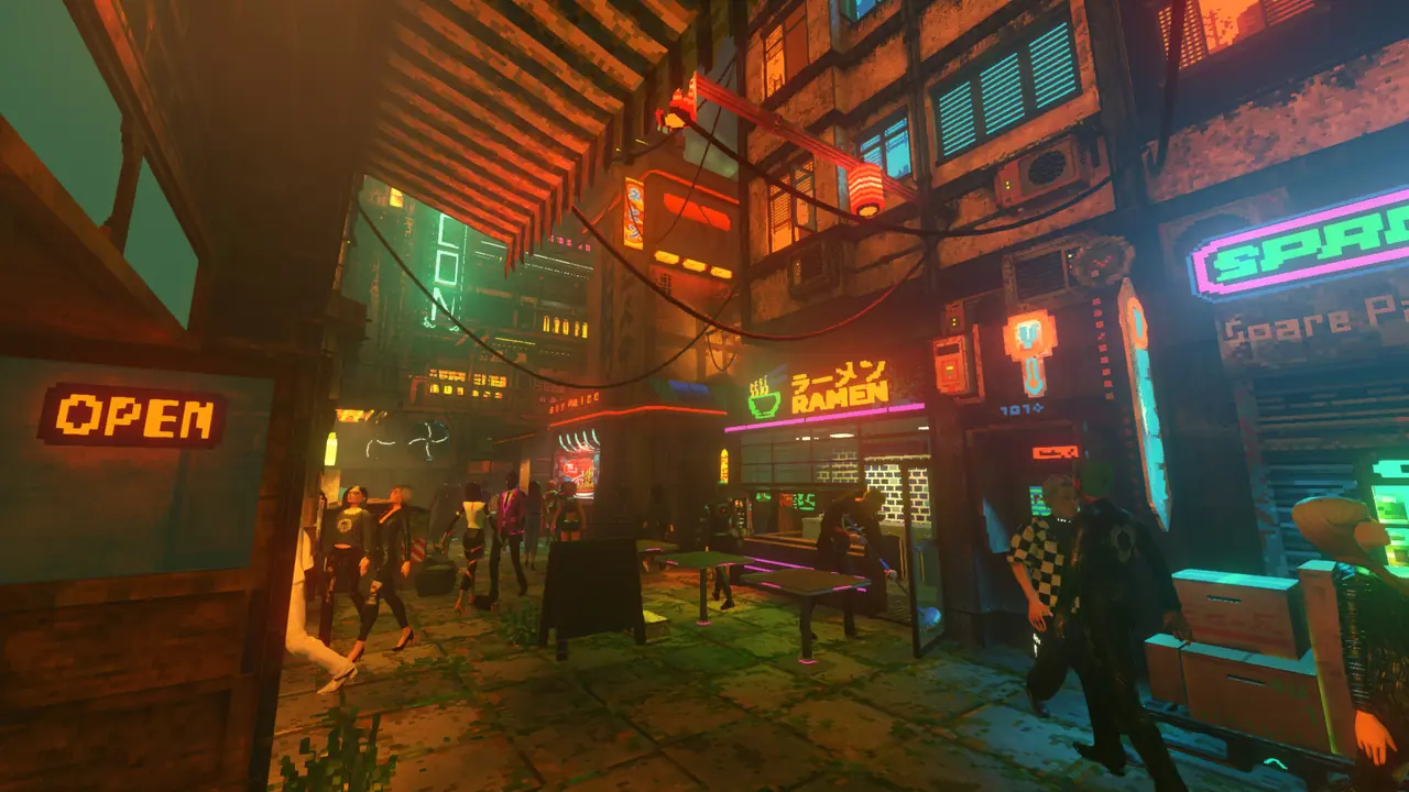 Official art: night market street with an OPEN neon food stall