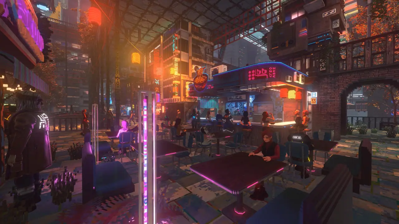 Official art: market hall interior with diners under pink neon