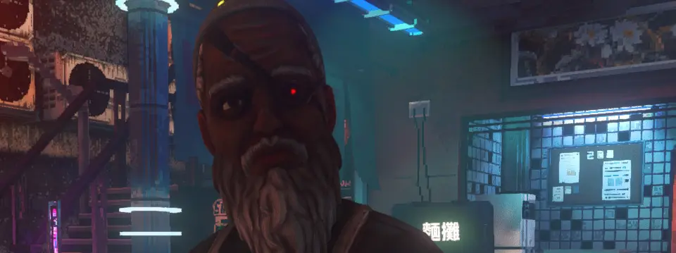 Official art: character portrait in a teal-lit room beside a monitor