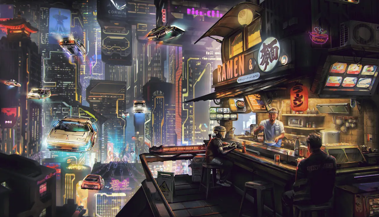 Official art: ramen bar counter at night with stools and hanging lamps