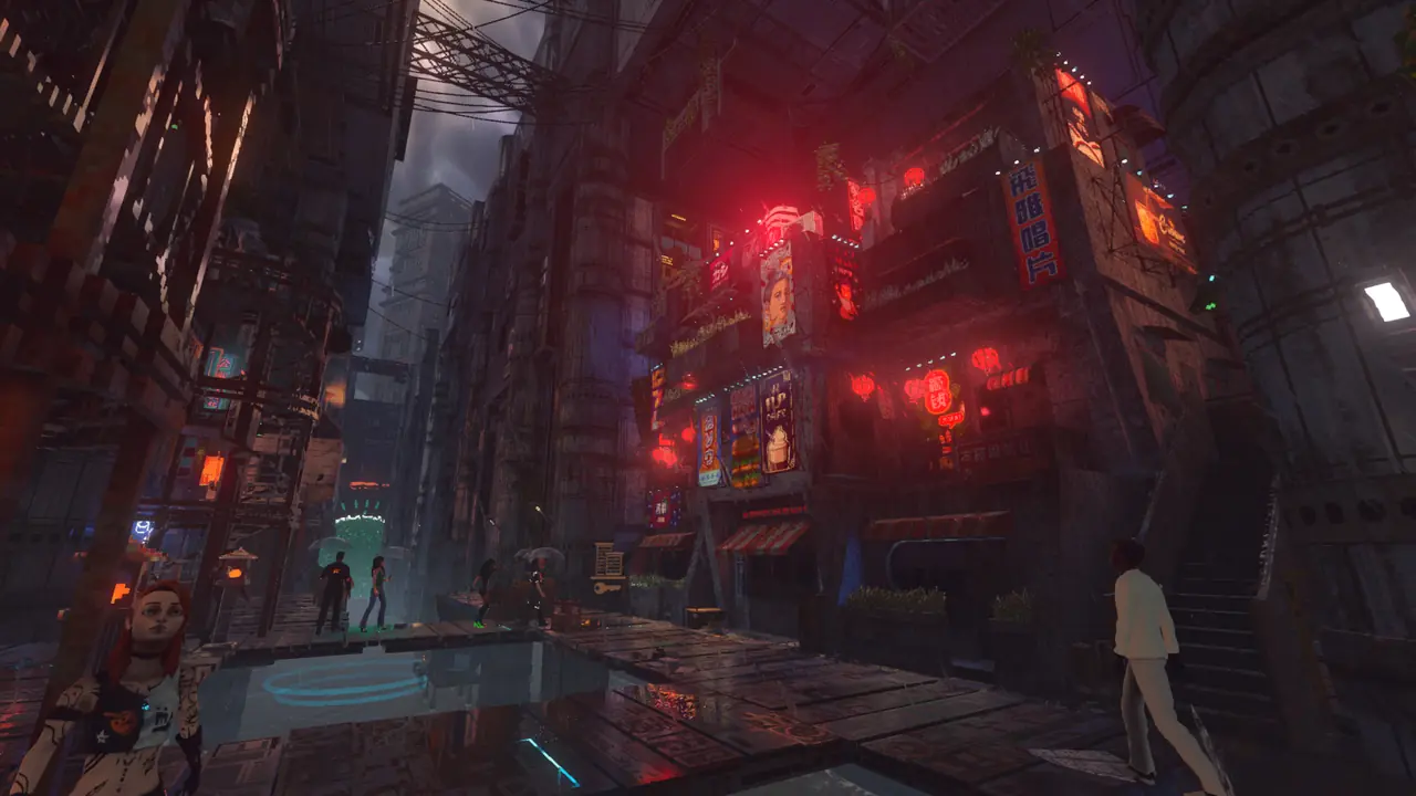 Official art: red-lit alley with neon signs and wet pavement