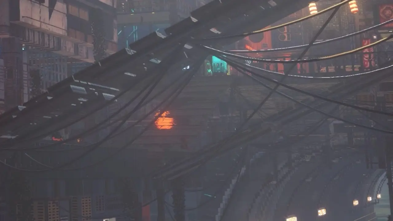 Official art: dim residential alley under hanging power cables at dusk