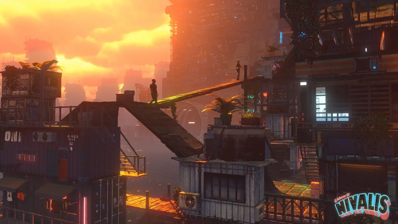 Official art: two silhouettes on a rooftop footbridge at sunset