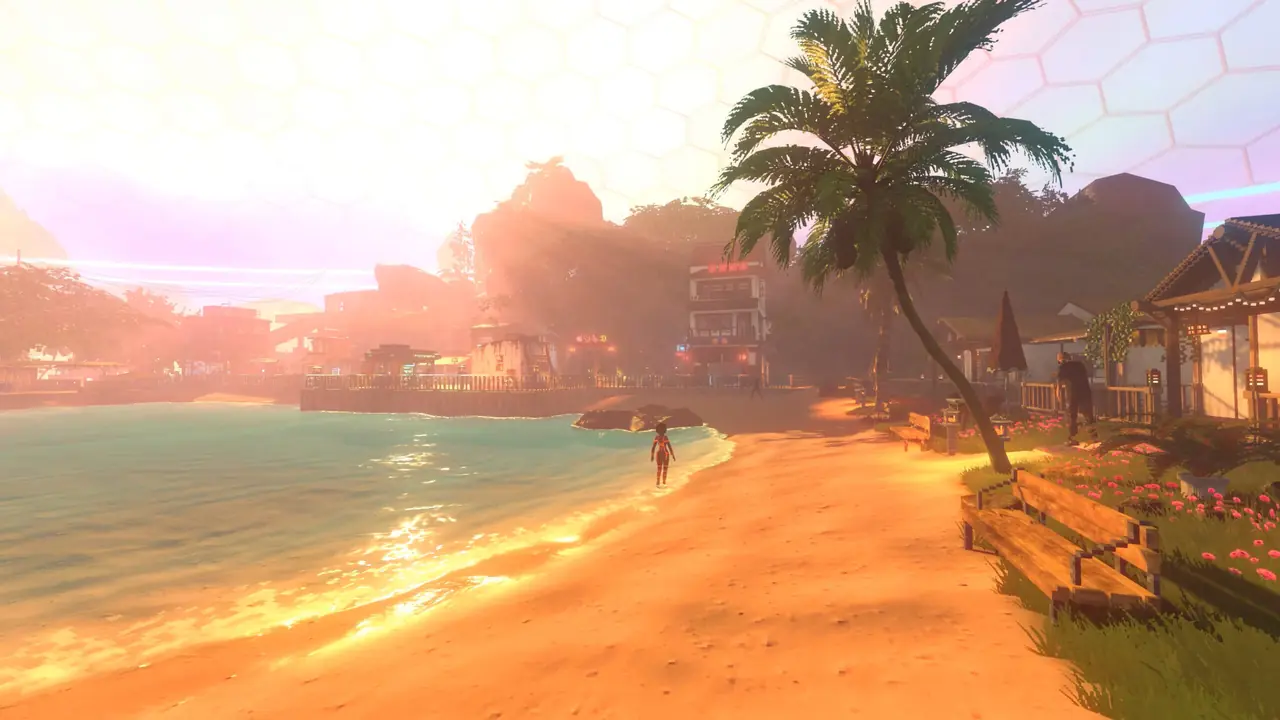 Official art: beach shoreline with a honeycomb dome greenhouse in the haze
