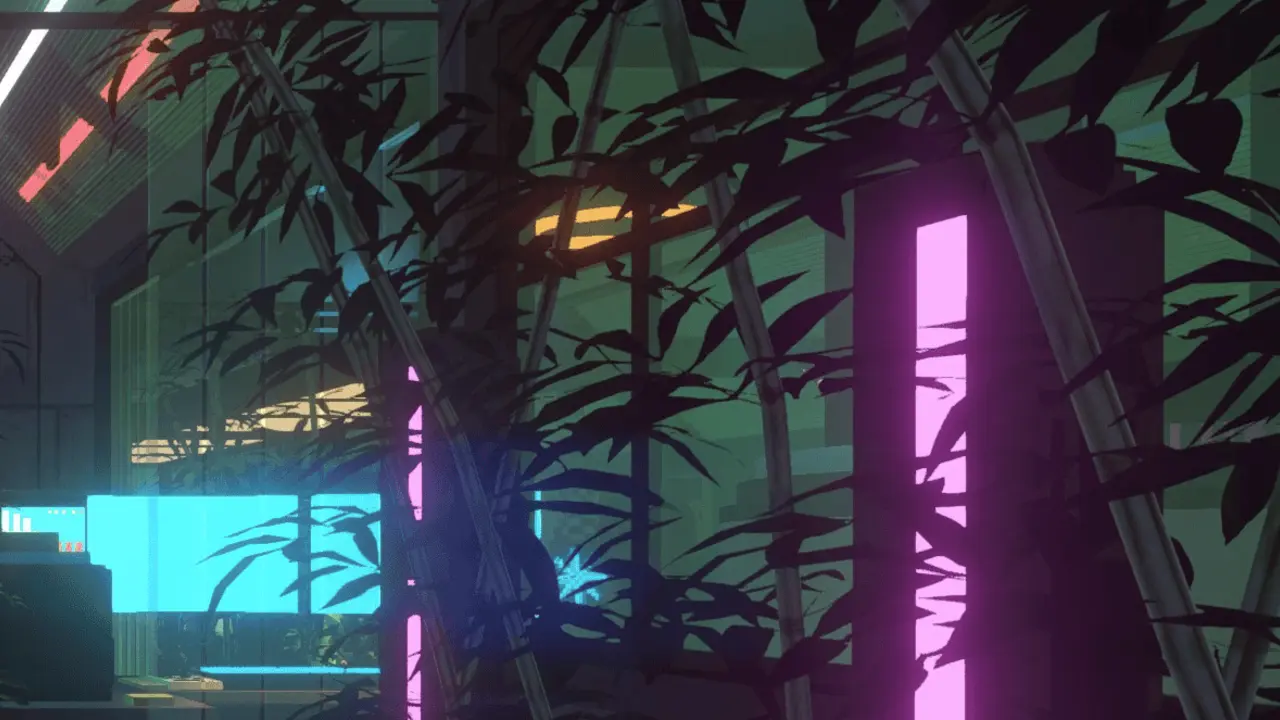 Official art: narrow neon-lit alley crossed by cables and power lines