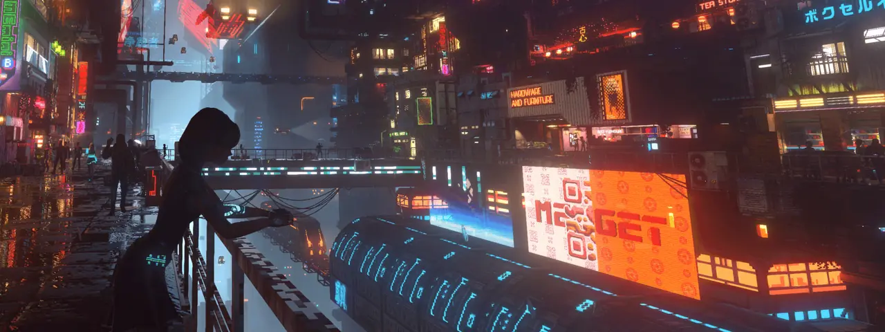 Official art: figure overlooking the city from a neon-signed walkway