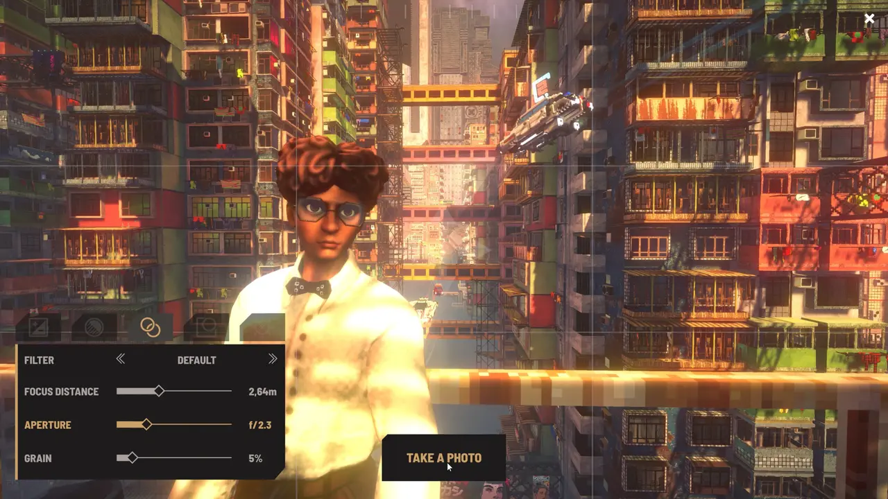 Official photo mode screen with filter, focus distance, aperture and grain sliders