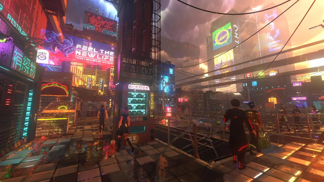 Official art: bright street with a yellow taxi and stacked neon signs