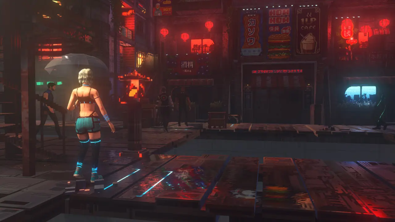 Official art: woman standing in a red-lit room with neon fixtures