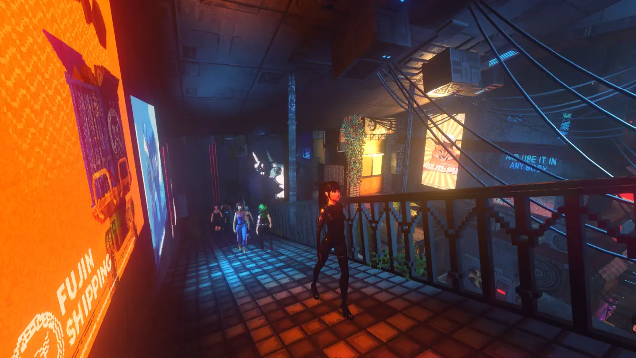 Official art: two figures walking a checkered corridor past an orange sign
