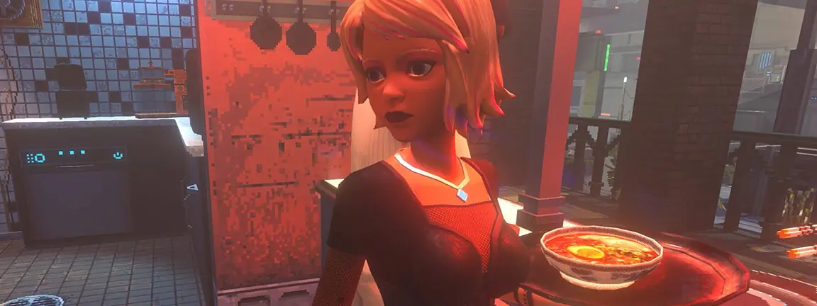 Official art: server carrying a bowl through a red-lit kitchen