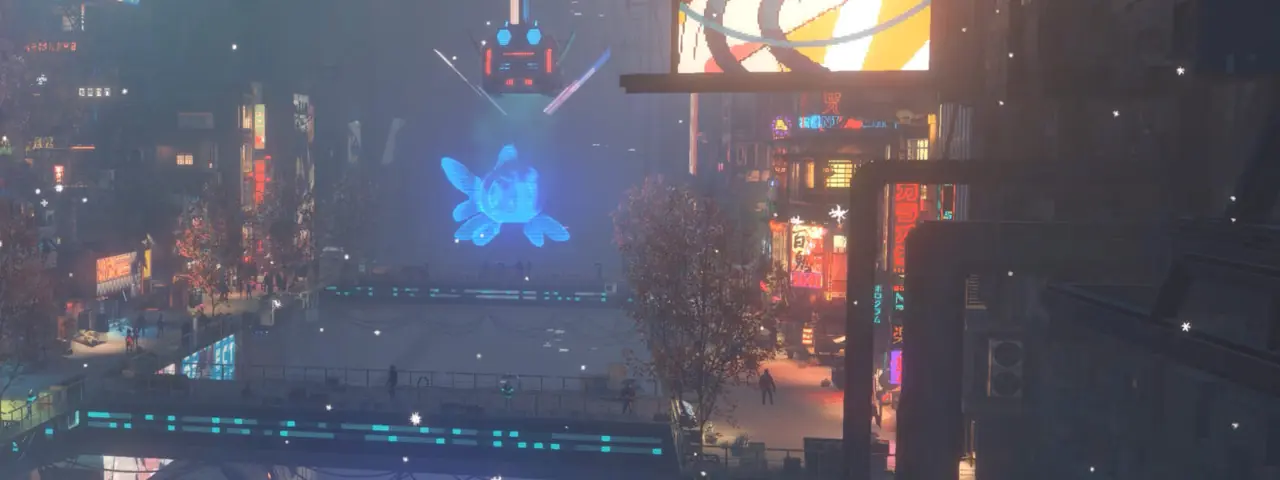 Official art: blue hologram under falling snow and neon billboards