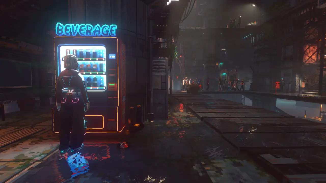 Official art: vending machine under a blue GRAYSON neon sign